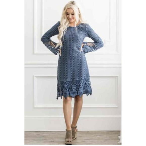 Mikarose Blue Long Sleeves Lace Detail Crew Neck Knee Length Dress L retro - Picture 1 of 5